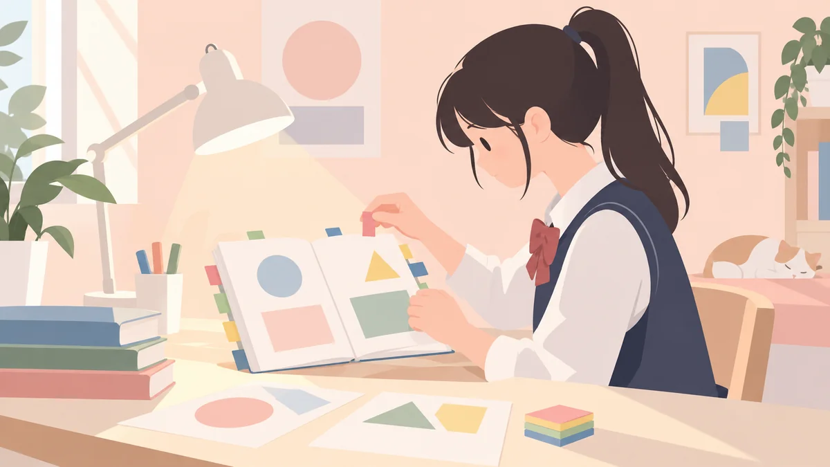 学生在台灯下整理几何复习笔记
